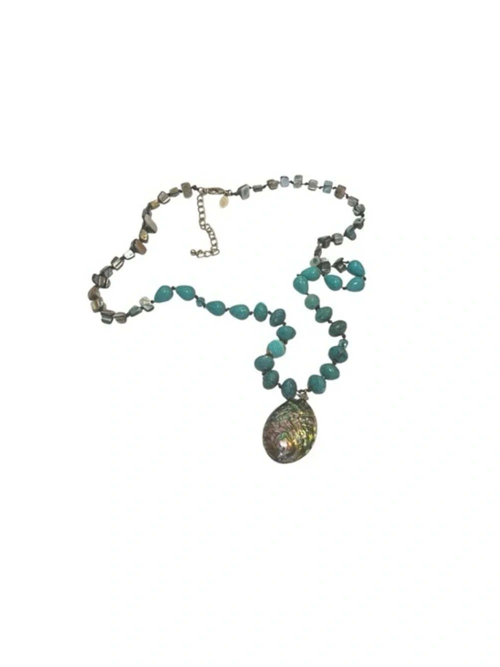 Chunky Faux Turquoise & Abalone Beaded Necklace with Pendant